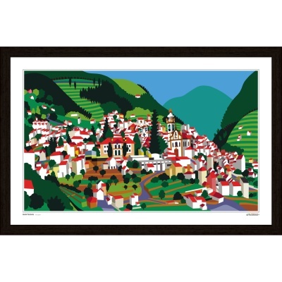 Quadro decorativo de vila estilizada com casas brancas de telhado vermelho em montanhas verdes