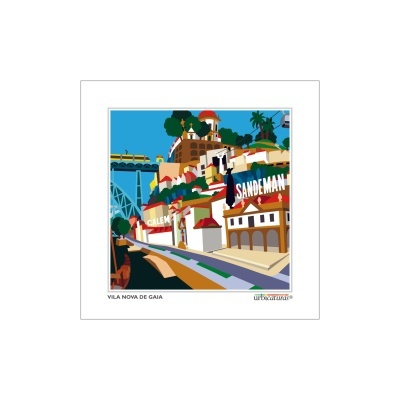 Ilustração colorida de Vila Nova de Gaia com casas, ponte e letreiros Sandeman e Calem