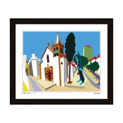 Gravura colorida de arquitetura urbana emoldurada