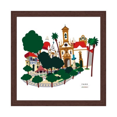 Gravura colorida da cidade de Faro emoldurada