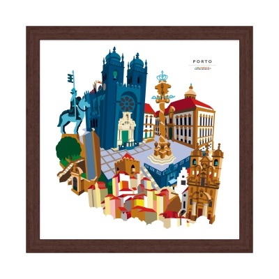 Ilustração colorida de marcos da cidade do Porto em quadro com moldura de madeira escura