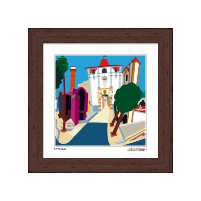 Quadro com moldura castanha em madeira e ilustração de edifícios e árvores coloridas