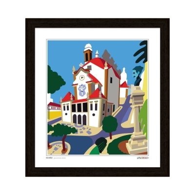 Gravura colorida de edifício histórico com telhados vermelhos e estátua azul, emoldurada em moldura preta