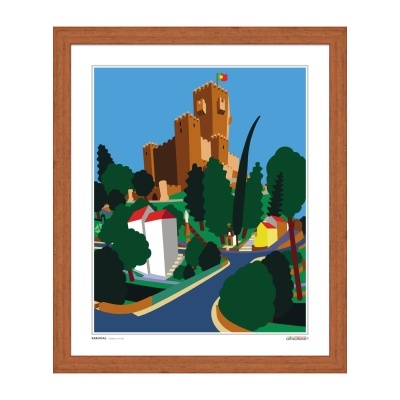 Ilustração de castelo castanho numa colina com casas e árvores verdes sob céu azul, em moldura de madeira.