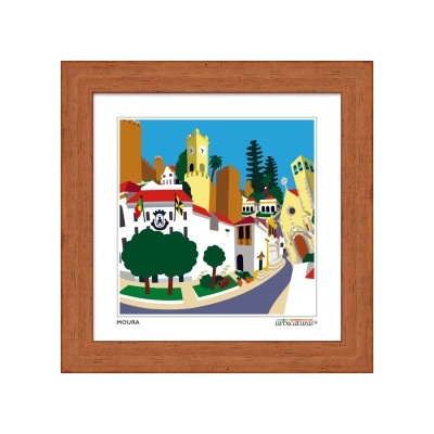 Quadro ilustrado urbano com moldura em madeira castanha