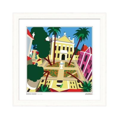 quadro com imagem estilizada de edifício amarelo, árvores, palmeiras e fonte em jardim colorido