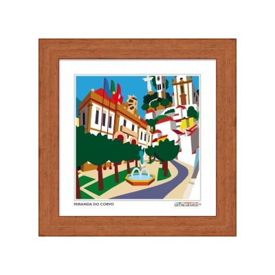 Quadro com moldura de madeira e ilustração urbana colorida