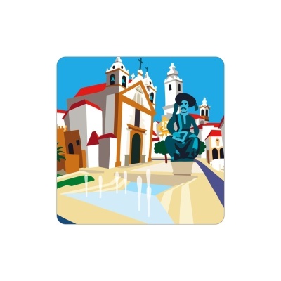 Ilustração de praça com estátua azul, fonte de água e igreja branca com telhado vermelho