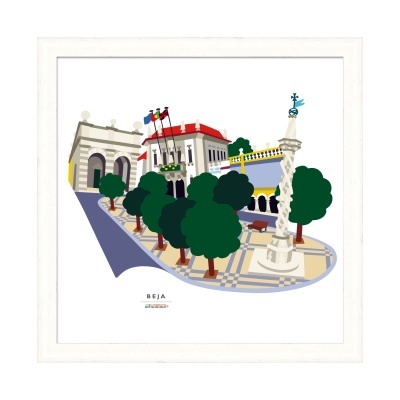Ilustração de praça com árvores, edifícios e monumento em Beja