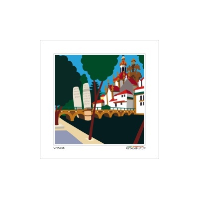 Ilustração da ponte de Chaves com casas e árvores ao redor