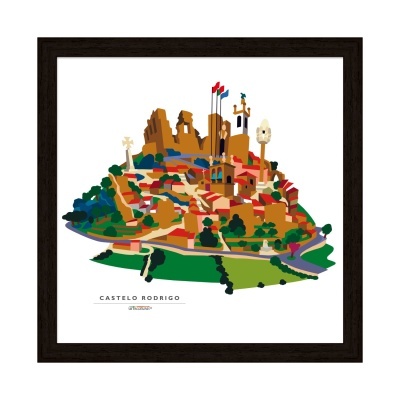 Ilustração colorida do Castelo Rodrigo emoldurada