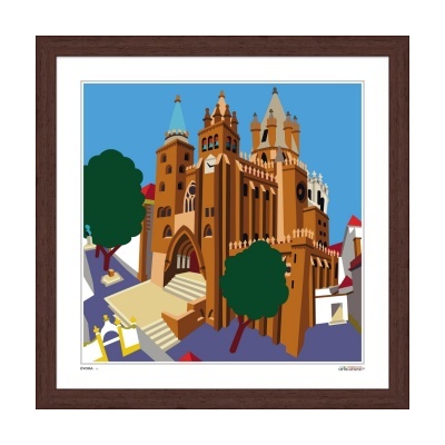 Desenho artístico de um edifício castanho com torres e árvores verdes