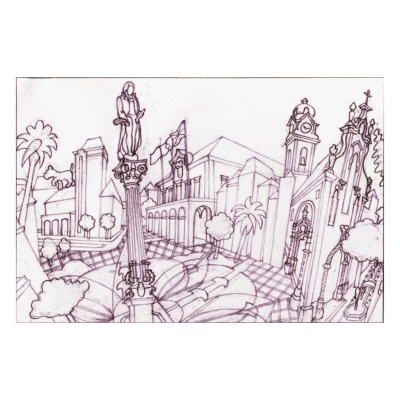 Ilustração urbana a preto e branco com estátua, edifícios e árvores