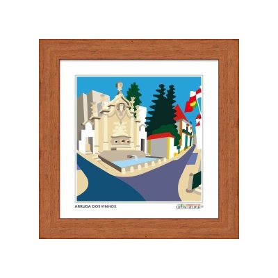 Quadro com arte digital de fonte e edifícios coloridos em estilo minimalista com moldura de madeira.