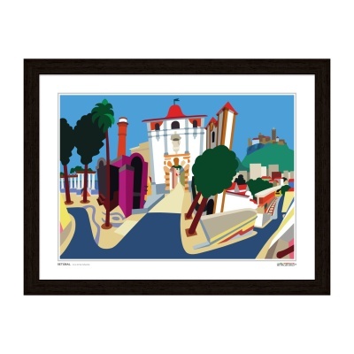 Quadro ilustrativo arquitetónico colorido com moldura escura