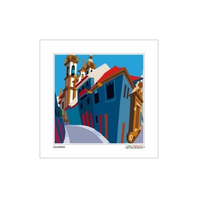 Ilustração digital de uma rua inclinada com edifícios azuis e detalhes dourados, texto GUARDÁ e urbacanvas