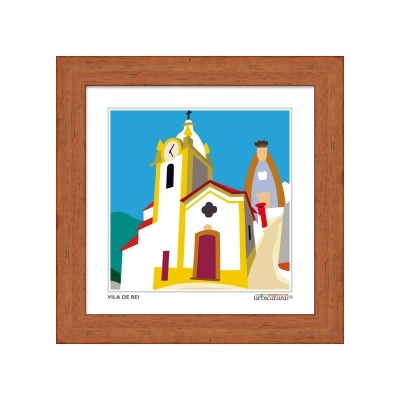 Quadro com ilustração colorida de igreja e elementos arquitetónicos em Vila de Rei