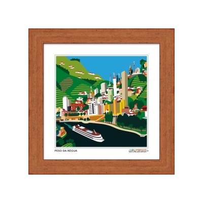 Imagem artística colorida de paisagem urbana com barco e colinas, emoldurada