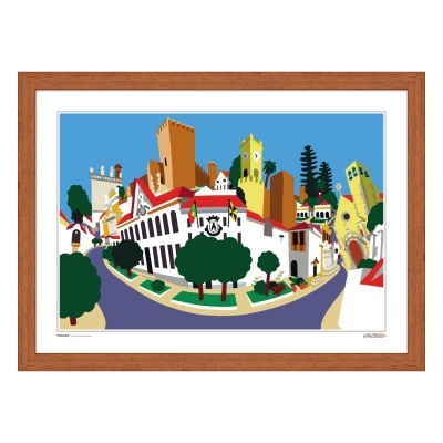 Ilustração colorida de cidade estilizada em quadro com moldura castanha