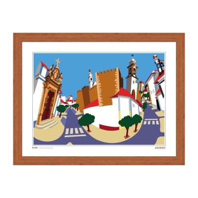 Quadro ilustrativo colorido de vila com moldura de madeira