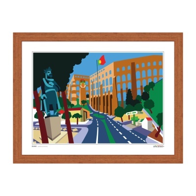 Ilustração colorida de estátua, estrada e edifício com bandeira de Portugal em quadro de madeira