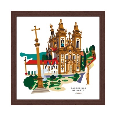 Ilustração de igreja barroca de Cabeceiras de Basto com cruzeiro e jardim, em moldura castanha.