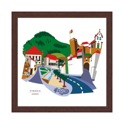 Quadro ilustrativo colorido da vila de Vinhais com edifícios e montanhas