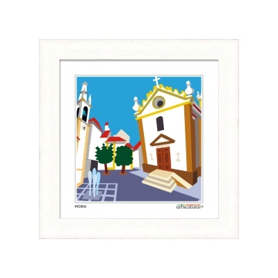 Quadro ilustrativo de igreja amarela e branca com árvores e céu azul