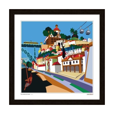 Ilustração de Vila Nova de Gaia com edifícios coloridos e sinais Calem e Sandeman