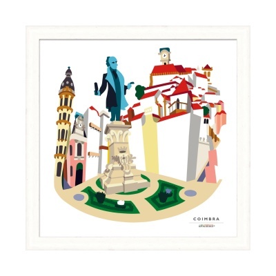 Ilustração colorida da cidade de Coimbra com estátua e edifícios