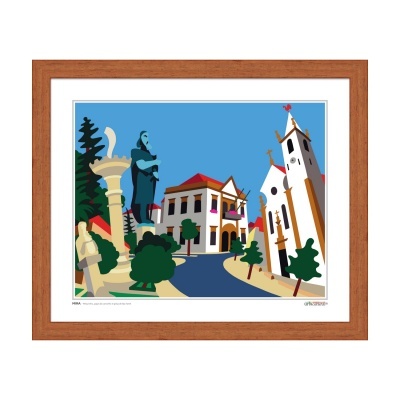 Imagem decorativa gráfica colorida numa moldura de madeira com edifícios, estátuas e árvores