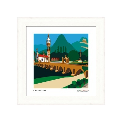 Quadro gráfico com imagem da Ponte de Lima, ponte de pedra, igreja, montanhas e texto
