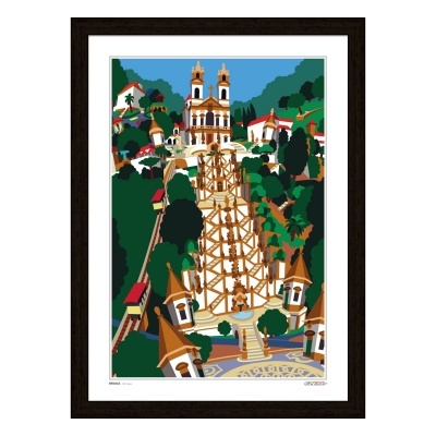 Ilustração colorida do Santuário do Bom Jesus do Monte em Braga com escadaria e árvores