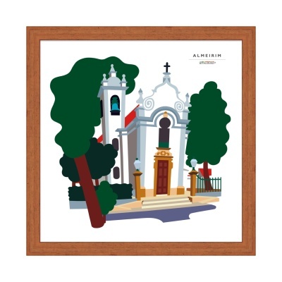 Ilustração digital de uma igreja branca com árvores verdes emoldurada por uma moldura de madeira.
