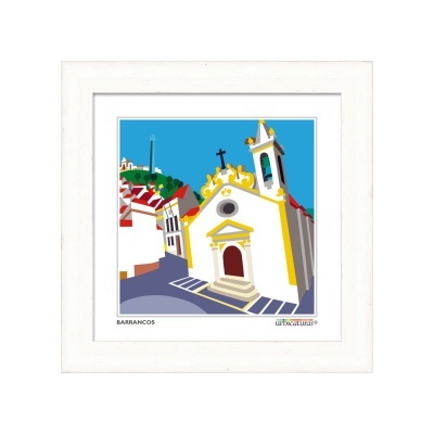 Ilustração colorida de igreja tradicional com igreja branca e amarelo contra céu azul