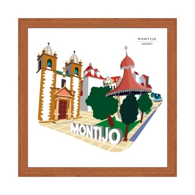 Ilustração colorida de Montijo com edifícios históricos e árvores num fundo branco em moldura castanha