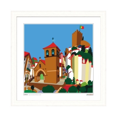 Ilustração colorida de paisagem urbana com prédios castanhos e brancos e torre com bandeira de Portugal