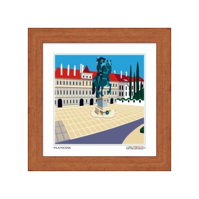 quadro com ilustração de praça em Vila Viçosa com estátua e edifício