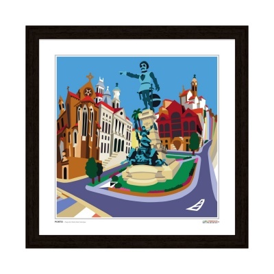 Desenho digital de praça urbana com fonte e edifícios coloridos