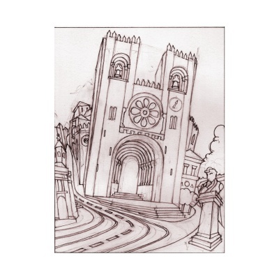 Desenho a lápis de uma catedral com torres, vitral circular e estátua junto a escadaria