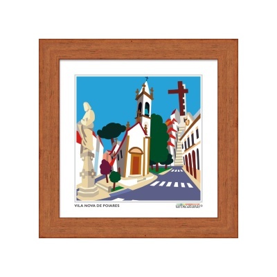 Quadro com ilustração colorida de rua com igreja em Vila Nova de Poiares e moldura de madeira