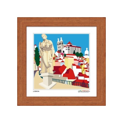 Quadro decorativo com ilustração colorida de Lisboa mostrando estátua e casas com telhados vermelhos
