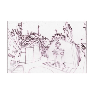 Desenho a preto e branco de rua com igreja, casa dos correios e casas ao fundo