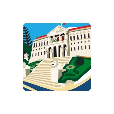 Ilustração de edifício clássico com escadaria, esculturas de leões e jardim