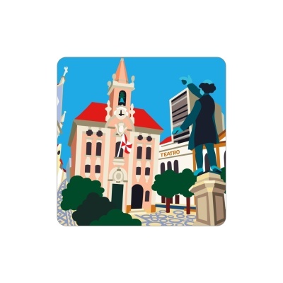 Ilustração de edifício clássico com torre, estátua e edifício moderno com assinatura TEATRO.