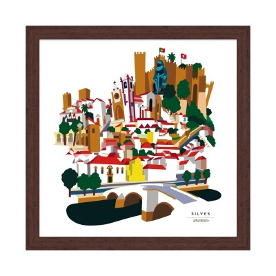 Ilustração colorida da cidade de Silves com castelo e ponte