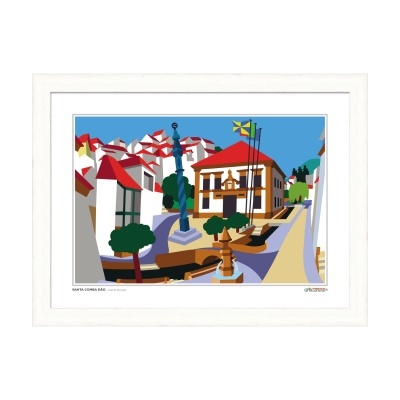 Quadro emoldurado com ilustração colorida de praça e edifícios