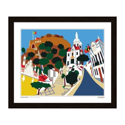 Ilustração colorida de rua com edifícios, árvores e fortaleza com bandeira de Portugal