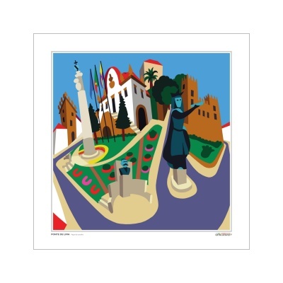 Ilustração gráfica colorida de monumento com estátua de cavaleiro, castelo e edifício branco com telhado vermelho