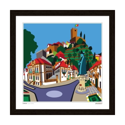 Quadro decorativo com paisagem urbana estilizada e castelo com bandeira de Portugal